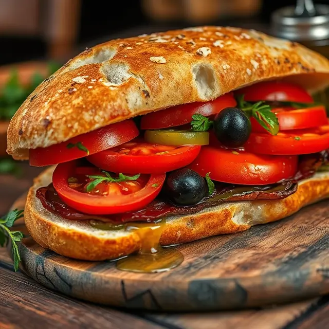 Pan Bagnat avec thon, légumes frais et huile d'olive, dans un sandwich à la croûte épaisse, sous une lumière douce.