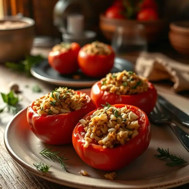Une assiette de tomates farcies à la grand-mère avec riz, brillantes et appétissantes, dans une ambiance chaleureuse et tamisée.