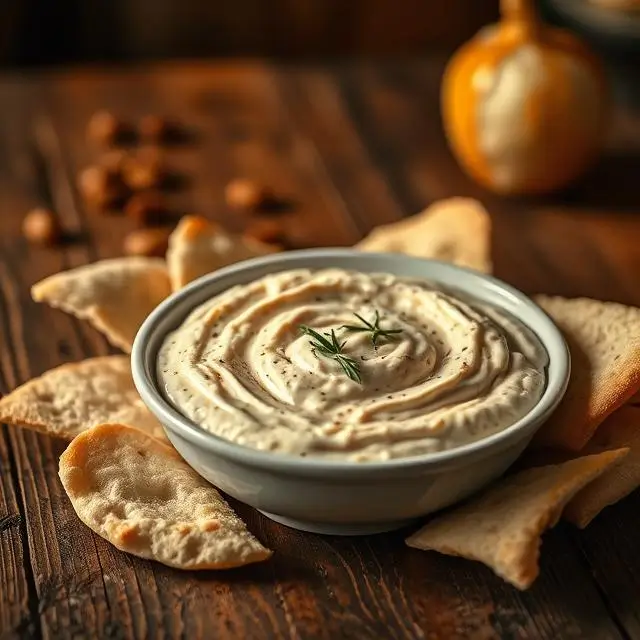 Bol de taramasalata express crémeux avec pita autour, éclairage doux et ambiance chaleureuse.