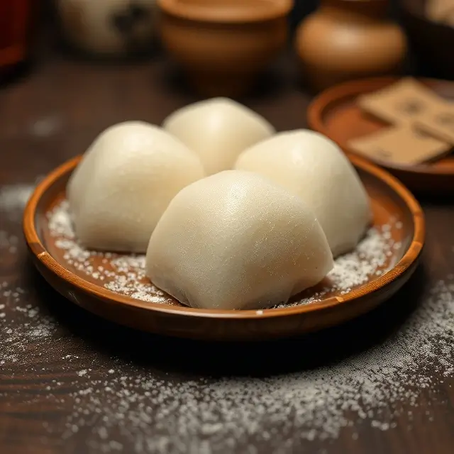 Plateau en bois avec des mochis maison saupoudrés de fécule, dessert japonais authentique dans une ambiance sombre.