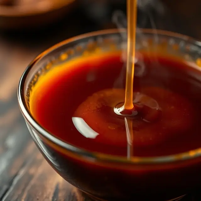 Bol de sauce teriyaki maison avec de la vapeur qui s’élève, dans un environnement faiblement éclairé.