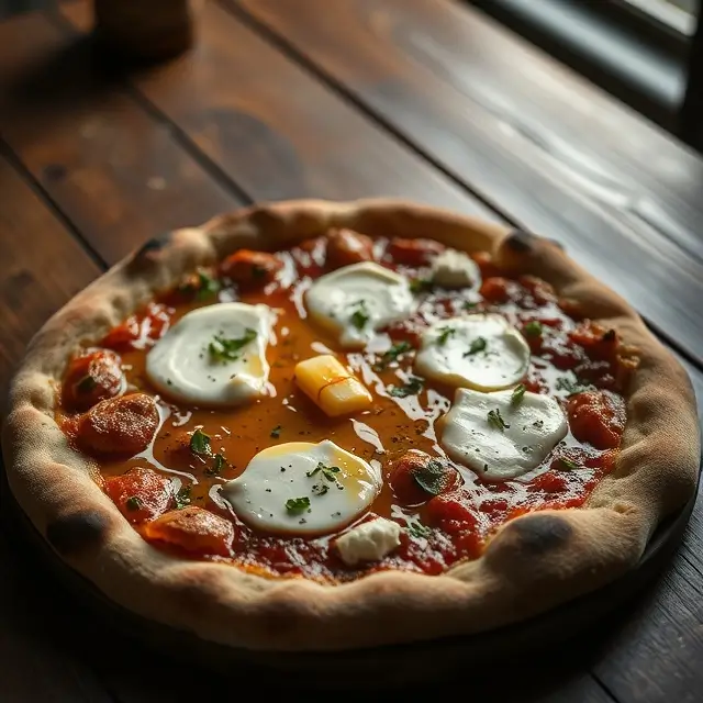 Une pizza chèvre et miel artisanale, garnie d'herbes fraîches, avec une texture dorée et savoureuse.