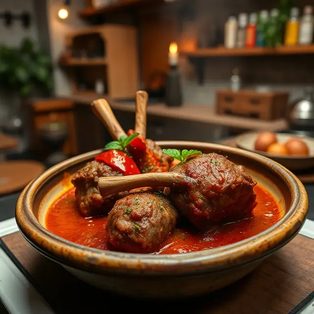 Osso Bucco à l'italienne avec gremolata maison dans une cuisine rustique et chaleureuse, plongée dans une lumière douce.