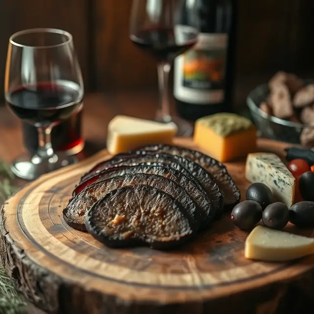 Magret séché maison tranché, servi avec fromage, vin et olives dans une ambiance de faible luminosité.