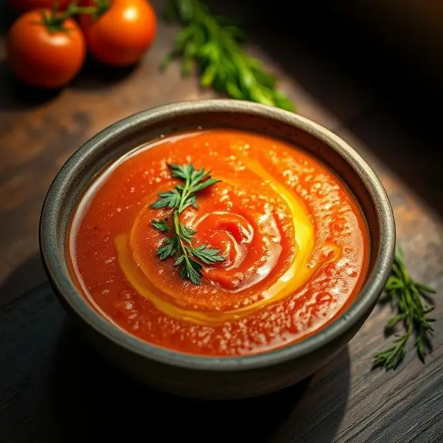 Gaspacho tomate servi dans un bol rustique, accompagné de fines herbes, une présentation accueillante à faible luminosité.