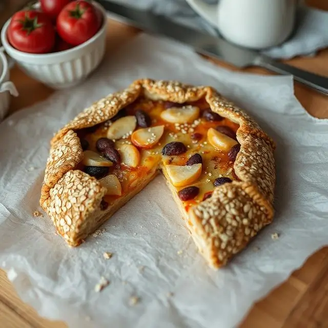 Galette de flocon d'avoine dorée, garnie de fruits et de noix, sur une table en bois, idéale pour le petit déjeuner.