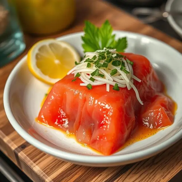 Plat de thonine grillé avec une compotée méditerranéenne colorée et savoureuse.