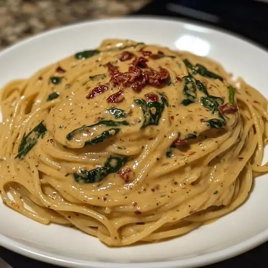 Spaghetti aux épinards et sauce crémeuse de tomates séchées, parfaitement garnis de parmesan et de basilic frais, dans une atmosphère chaleureuse et feutrée.