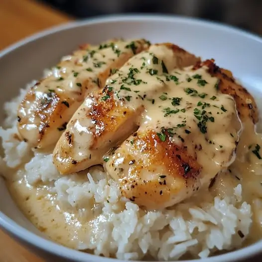 Assiette gourmande de poulet crémeux et riz fondant, nappé d’une sauce onctueuse, avec une présentation élégante et un texte stylisé intégré à l’image.