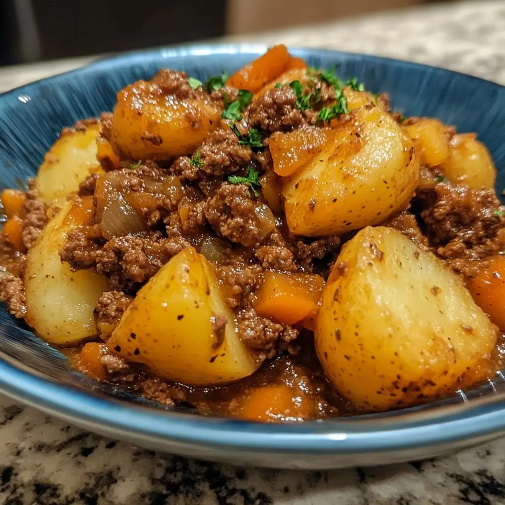 Plat de viande hachée accompagnée de pommes de terre dorées, recette simple et délicieuse pour un repas familial.
