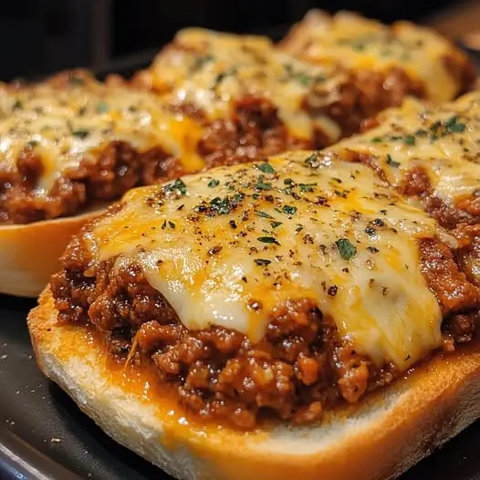 Un délicieux sloppy joe sur pain à l'ail et au fromage, garni de mozzarella fondue, dans une atmosphère chaleureuse et intime.