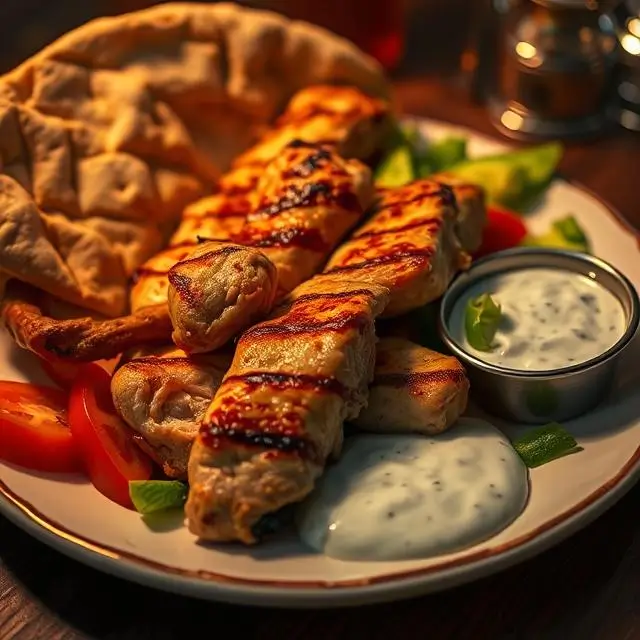Gyros poulet maison avec pita, légumes frais et sauce tzatziki, dans une ambiance tamisée.