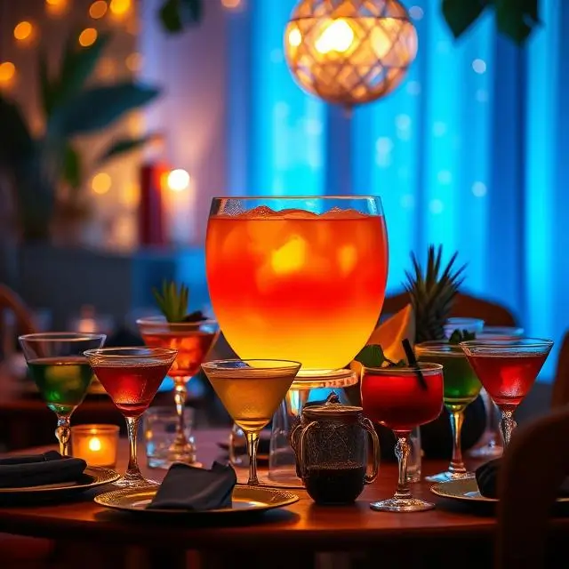 Un punch vibrant et coloré dans un grand bol, parfait pour une fête de 20 personnes, avec des fruits frais et des verres prêts à servir.