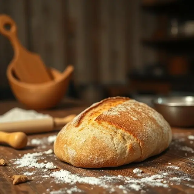Pain artisanal au petit épeautre sur table en bois rustique