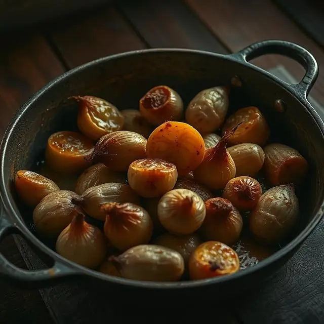 Navets cuisinés dorés, dans une poêle rustique avec une lumière douce et chaleureuse.