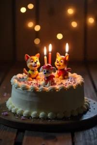 Gâteau Pat' Patrouille décoré avec des figurines en pâte à sucre de Chase, Marcus et Ruben, posé sur une table en bois avec une lumière tamisée.