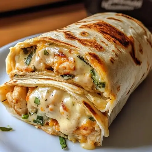 Wraps dorés et croustillants garnis de poulet grillé, ail parfumé et fromage fondant, servis sur une planche en bois avec une sauce crémeuse en accompagnement.