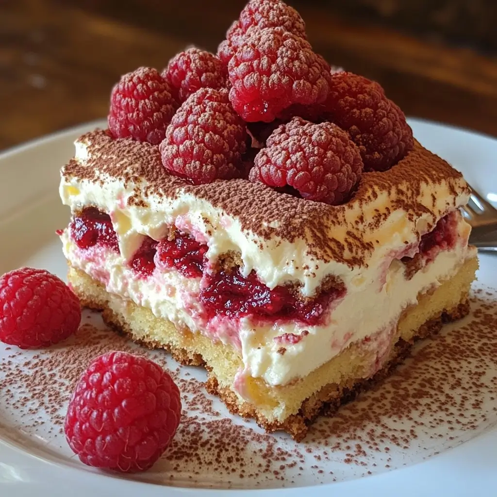Un tiramisu aux framboises réaliste avec des couches de crème mascarpone et des framboises fraîches, délicatement éclairé dans une ambiance tamisée.