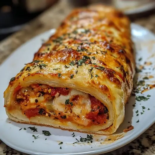 Un Stromboli italien croustillant et doré, garni de fromage fondant et de sauce tomate, posé sur une planche en bois.