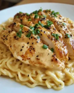 Bol de ramen au poulet épicé, nappé d'une sauce crémeuse à l’ail, garni d’oignons verts et servi chaud