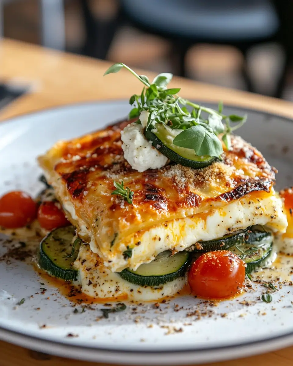 Lasagnes aux courgettes et fromage de chèvre servies dans un plat gratiné doré au four