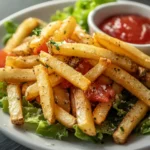 Assiette de salade de frites croustillantes avec tomates, concombre, carottes râpées et sauce au yaourt aux herbes
