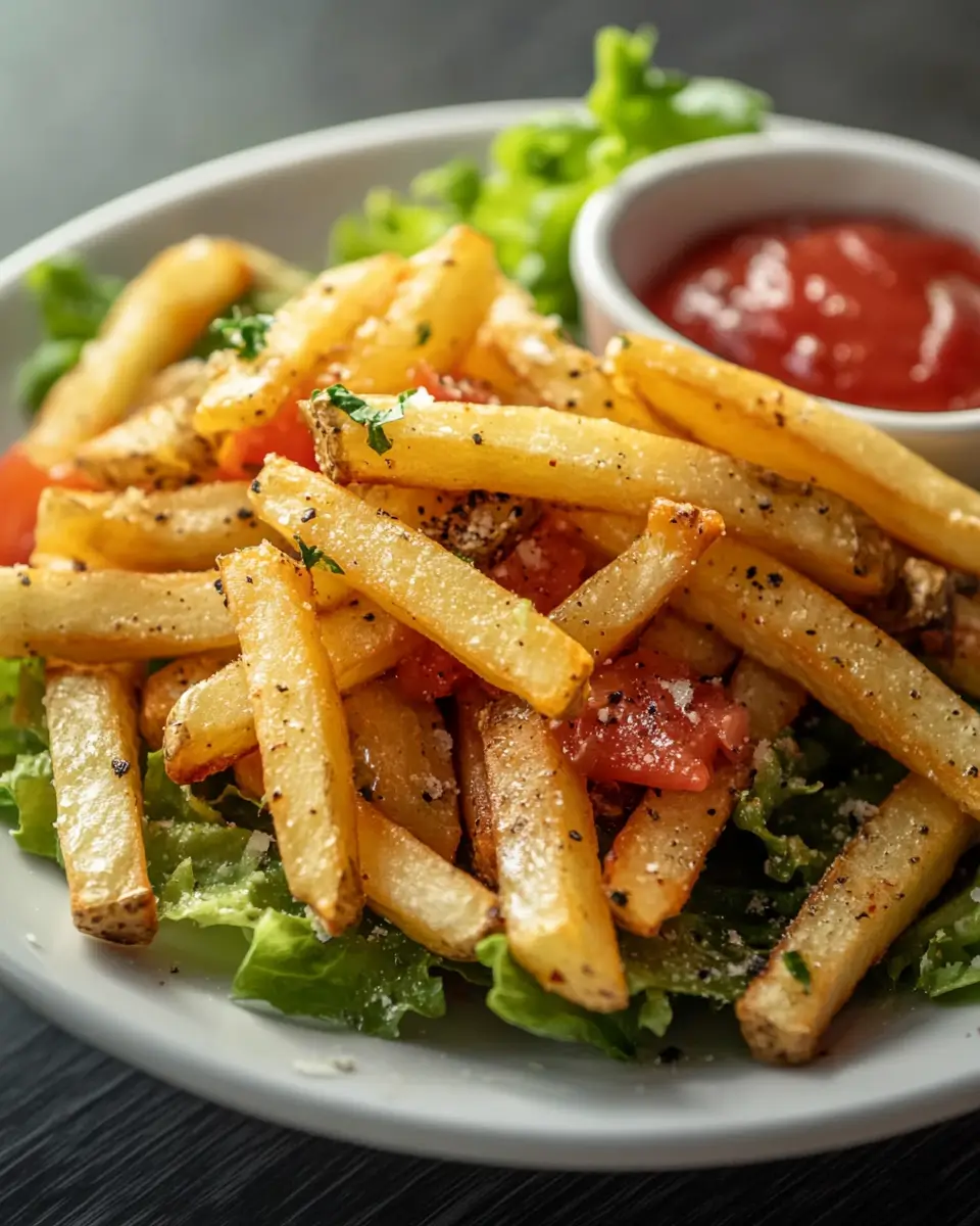 Assiette de salade de frites croustillantes avec tomates, concombre, carottes râpées et sauce au yaourt aux herbes