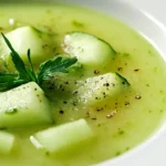 Bol de gaspacho au melon et concombre garni de feuilles de menthe, servi frais en été