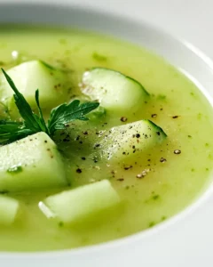 Bol de gaspacho au melon et concombre garni de feuilles de menthe, servi frais en été