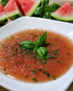Bowl of vibrant watermelon gazpacho garnished with basil leaves and diced vegetables, served cold on a rustic wooden table