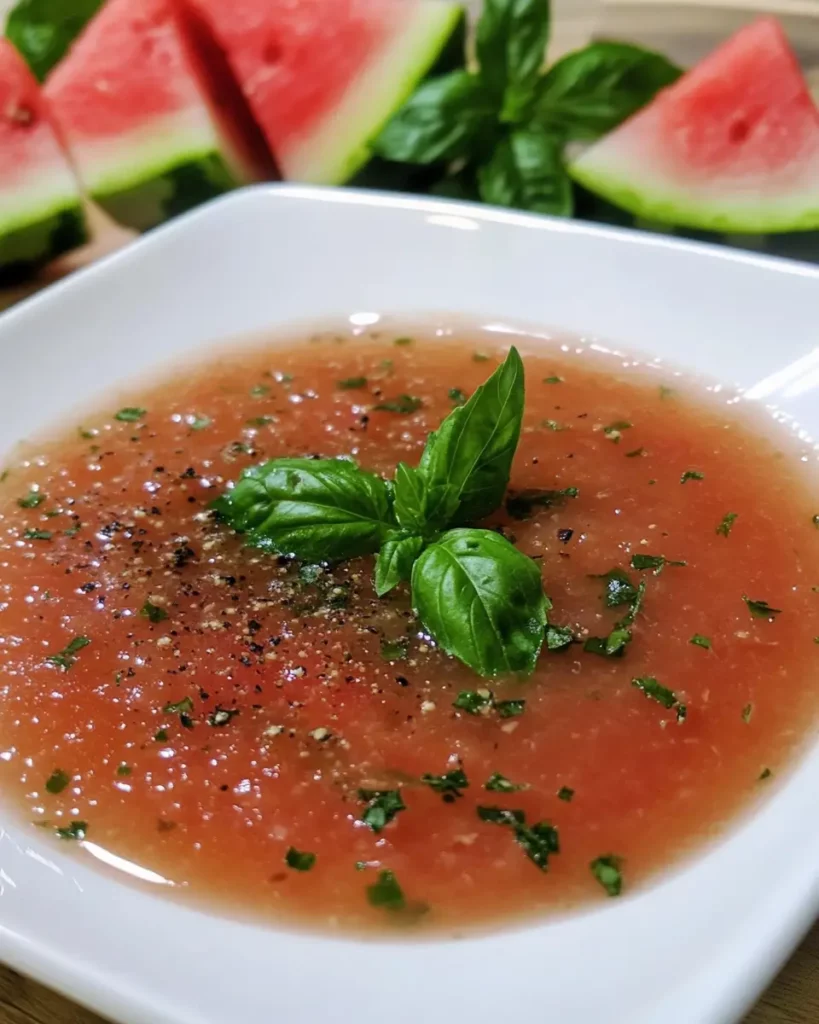 Bowl of vibrant watermelon gazpacho garnished with basil leaves and diced vegetables, served cold on a rustic wooden table