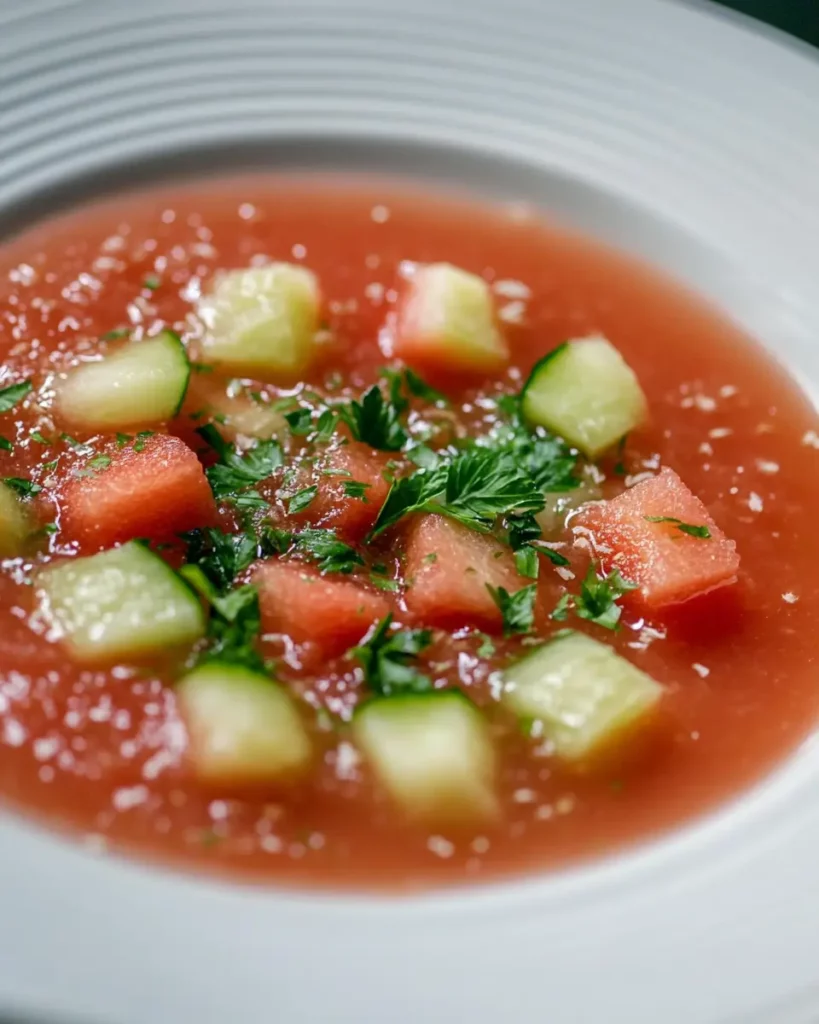 Bol de gaspacho pastèque classique, garni de basilic et servi bien frais, posé sur une table d’été