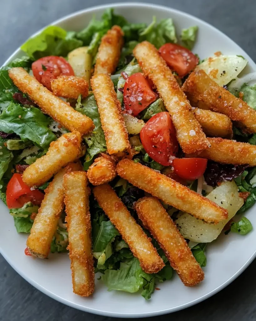 Assiette de salade de frites faite maison, accompagnée de crudités colorées et d’une sauce légère, sur une table de cuisine