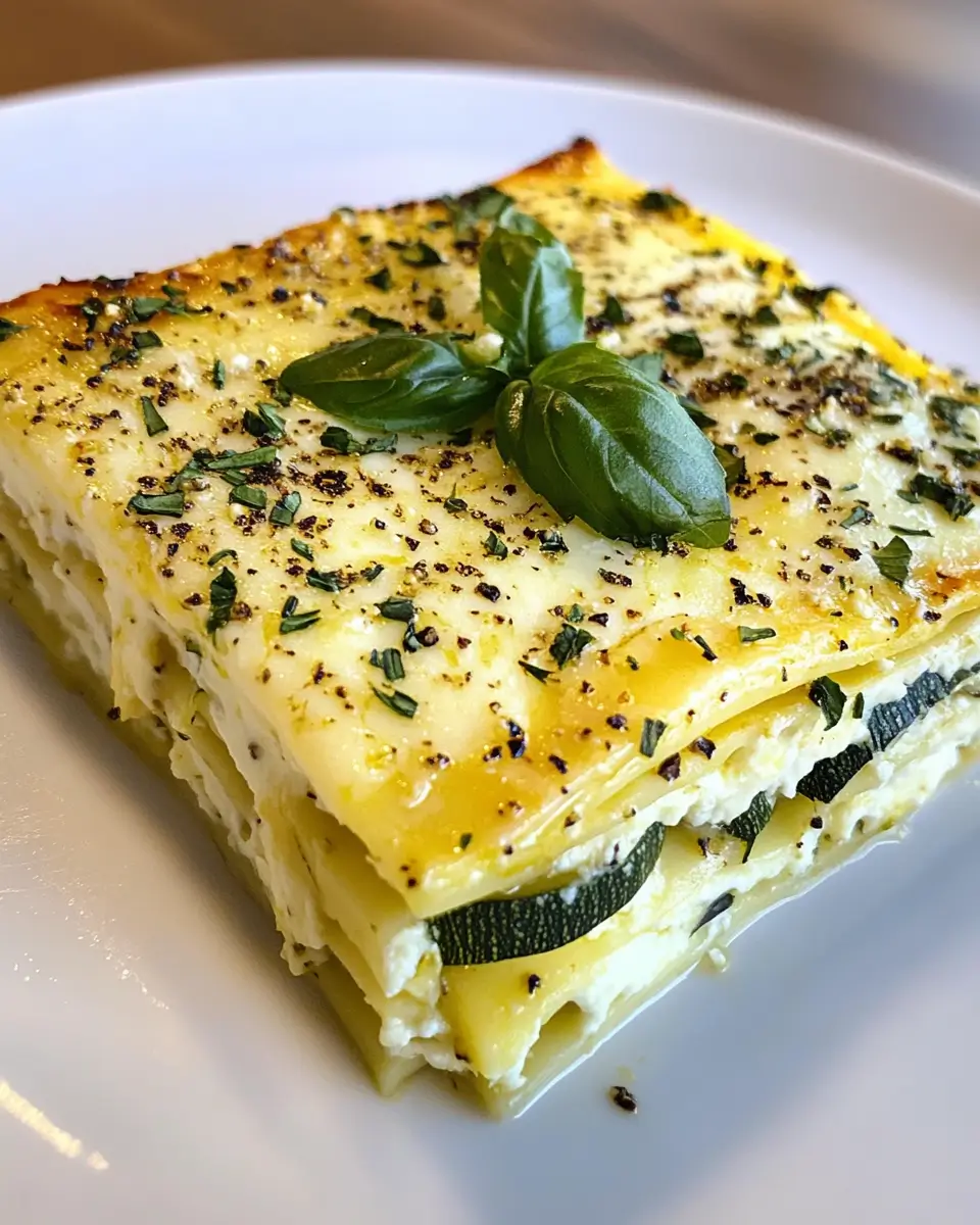 Plan rapproché d’un plat de lasagnes aux courgettes et chèvre, gratiné à la perfection avec une couche supérieure dorée et des courgettes légèrement visibles entre les pâtes.