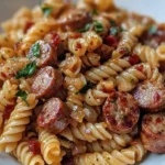 Assiette gourmande de pâtes sautées aux saucisses dorées, avec des légumes colorés et des herbes fraîches