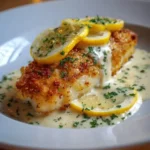 Assiette de filet de cabillaud nappé de crème au citron et parmesan, servi avec des herbes fraîches