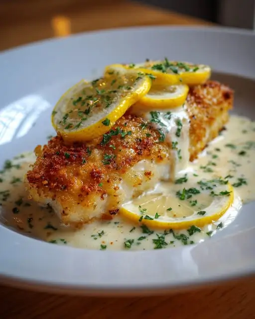 Assiette de filet de cabillaud nappé de crème au citron et parmesan, servi avec des herbes fraîches