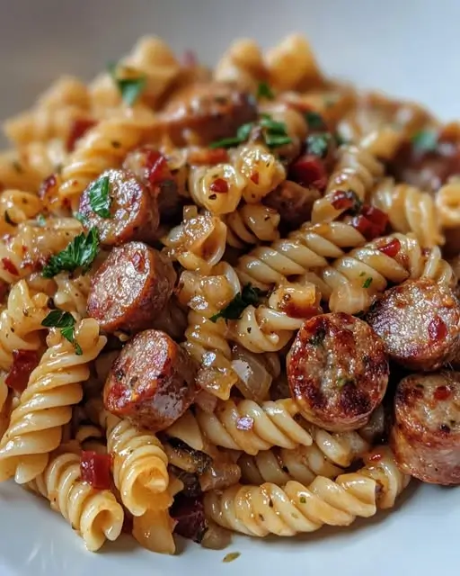 Assiette gourmande de pâtes sautées aux saucisses dorées, avec des légumes colorés et des herbes fraîches