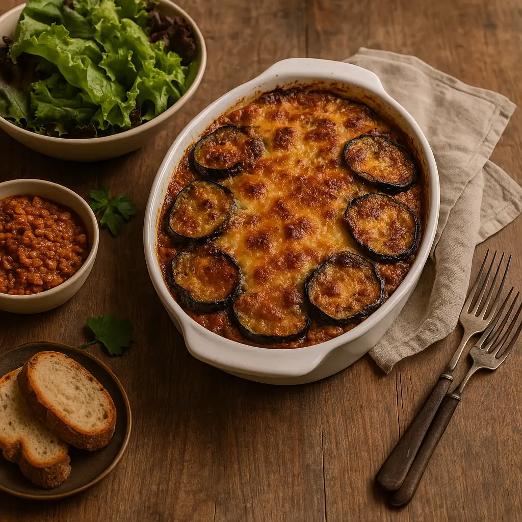 Gratin d’aubergines à la viande doré au four, servi avec salade verte, pain et sauce à part sur une table rustique.