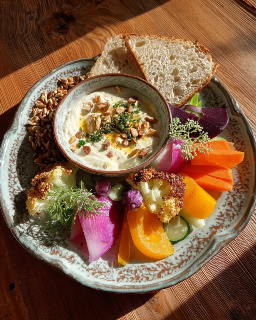 Assiette d’entrée fraîche équilibrée avec légumes croquants, sauce au yaourt et graines toastées.