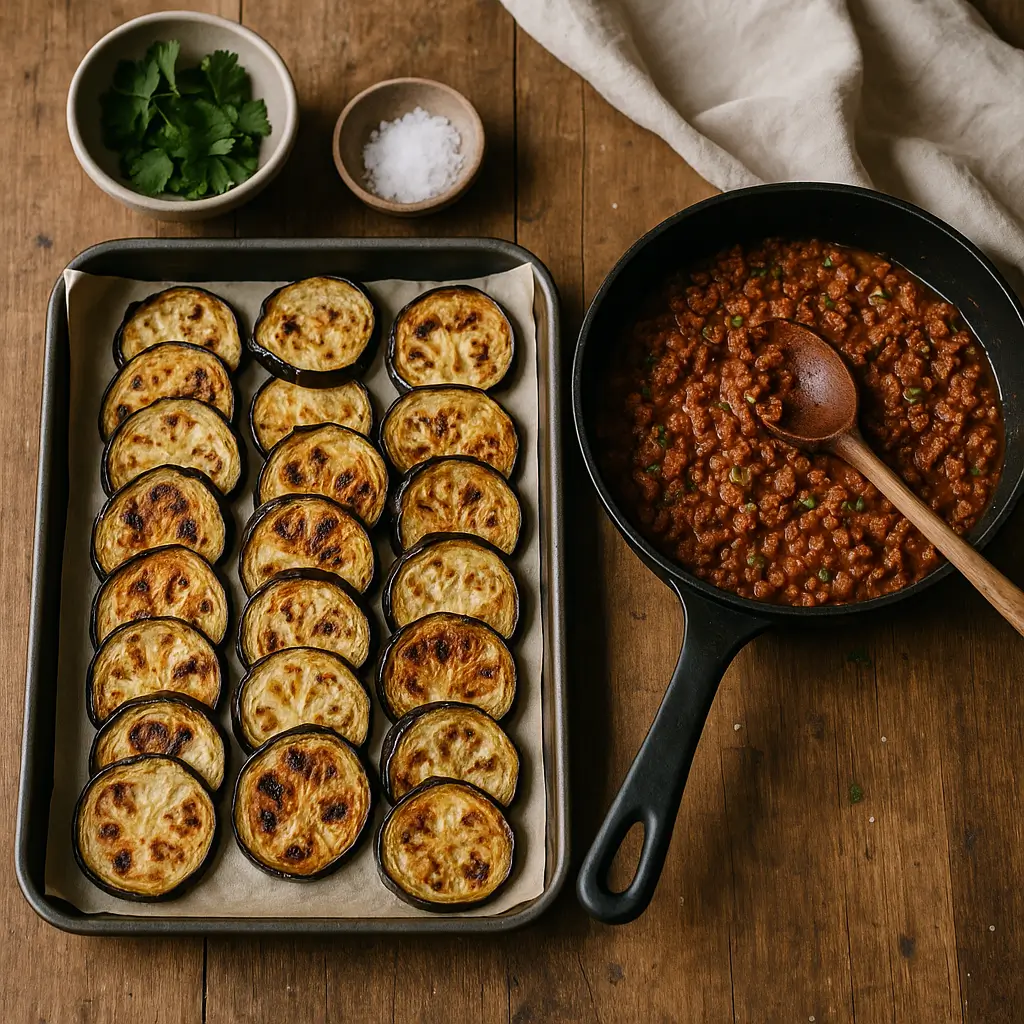 Aubergines grillées et sauce à la viande mijotée disposées côte à côte sur une table rustique, prêtes à être assemblées.