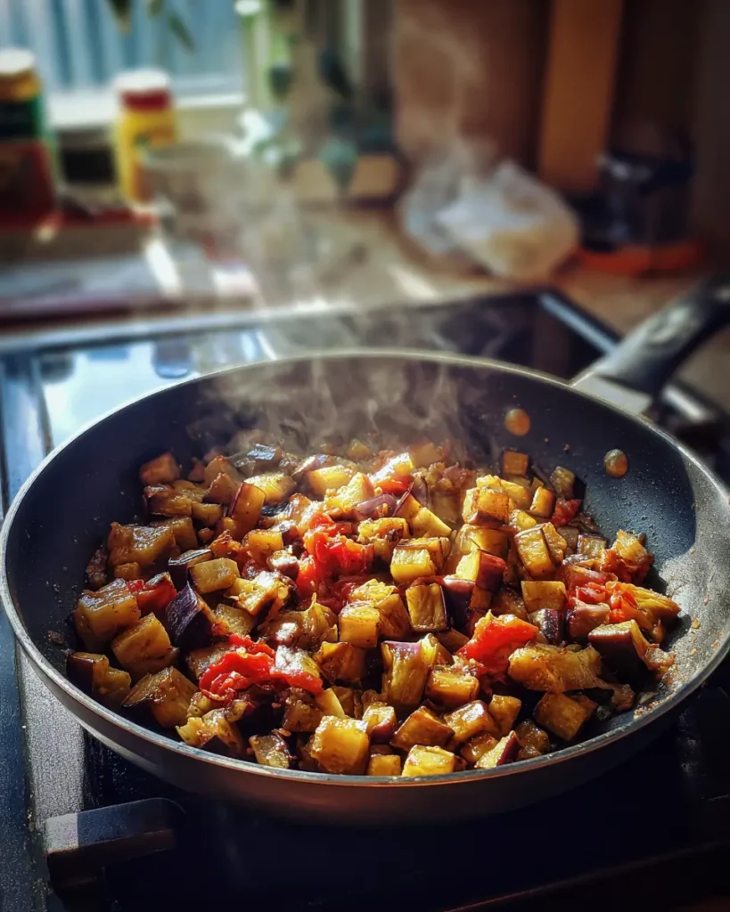Dés d’aubergines dorés à la poêle avec tomates et ail dans une cuisine chaleureuse.