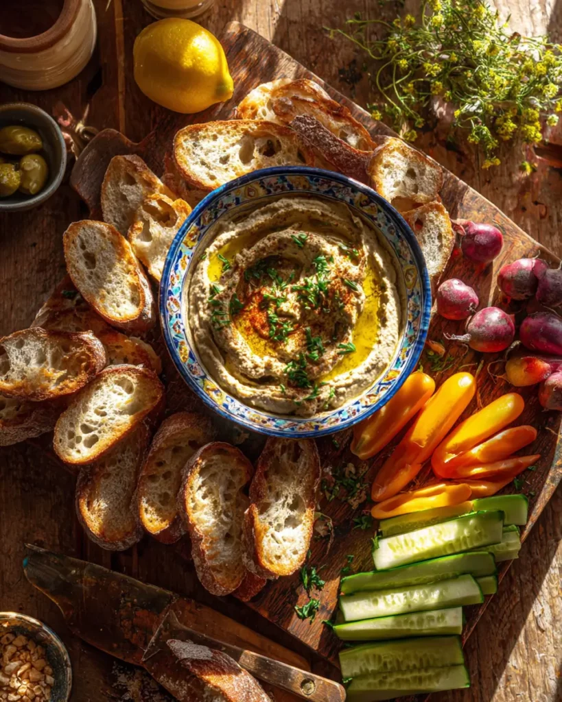 Un bol de caviar d’aubergine crémeux avec des tranches de pain grillé et des crudités.