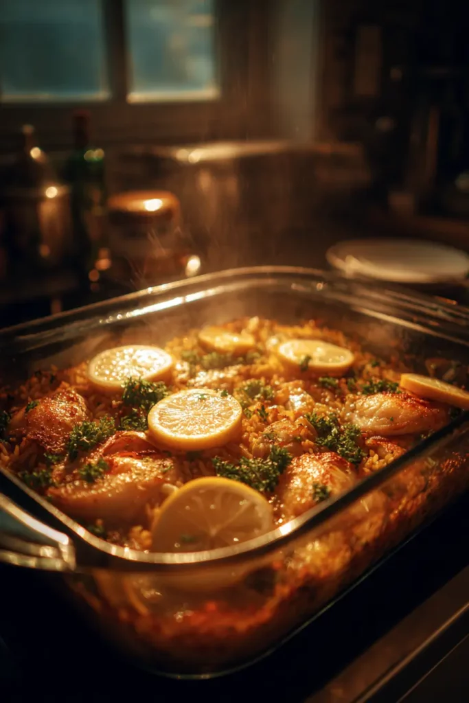 Reste de paella dans une boîte et réchauffée doucement à la poêle avec citron
