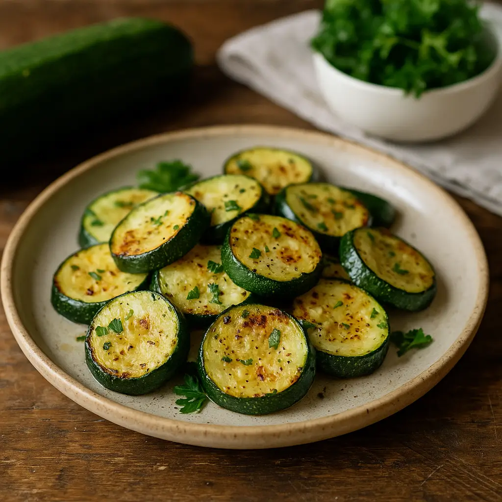 Rondelles de courgettes poêlées dorées, assaisonnées de persil et poivre noir, servies sur une assiette rustique.