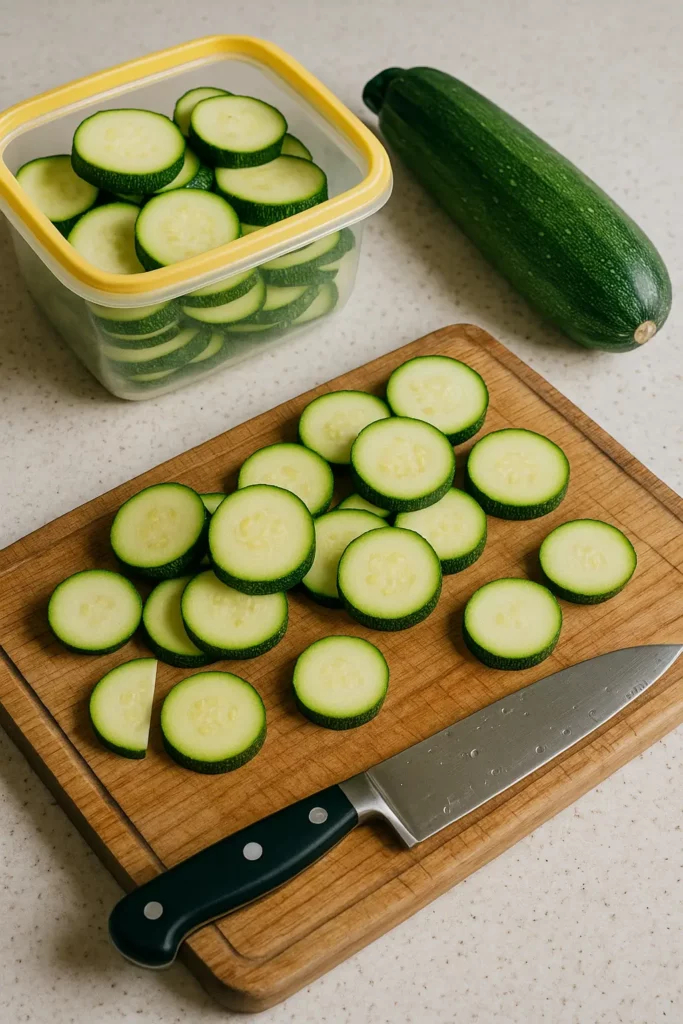 Rondelles de courgettes fraîches sur une planche en bois, prêtes à être conservées dans une boîte hermétique.