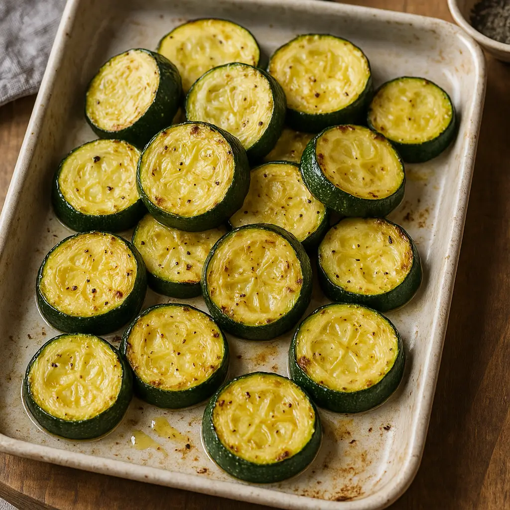 Rondelles de courgettes rôties au four, dorées à l’huile d’olive et poivre noir sur une plaque de cuisson.