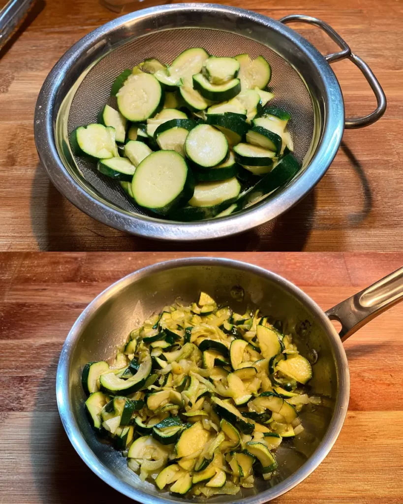 Courgettes en rondelles crues dans une passoire à côté de courgettes cuites à la poêle