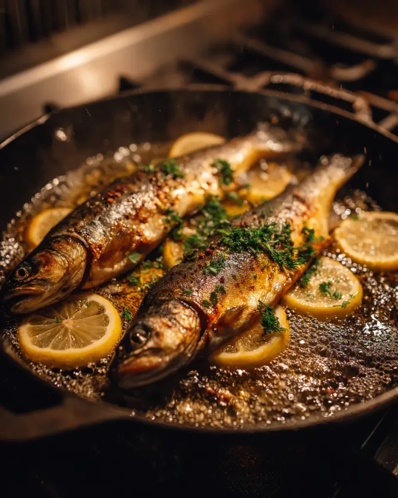 Deux truites fario dorées à la poêle avec du citron et du persil dans une cuisine chaleureuse.