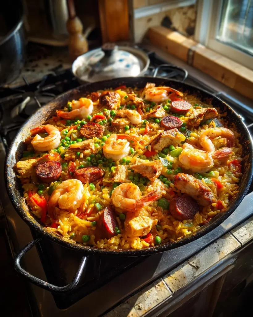 Une paella maison en cours de cuisson sur une plaque de cuisson avec riz, poulet et crevettes
